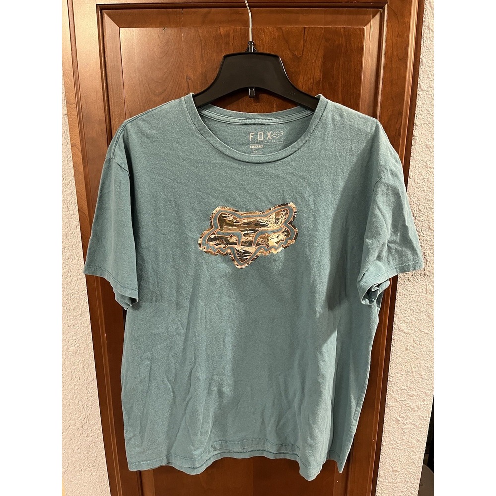 Fox Racing T-Shirt Mens XL Teal Short Sleeve Camo Fox Head Slim Fit Tee